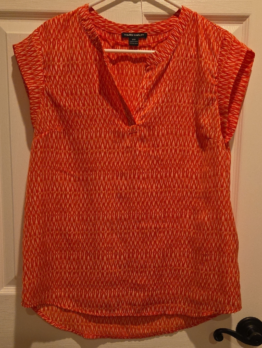 Hilary Radley Bright Orange Printed Split-Neck Blouse